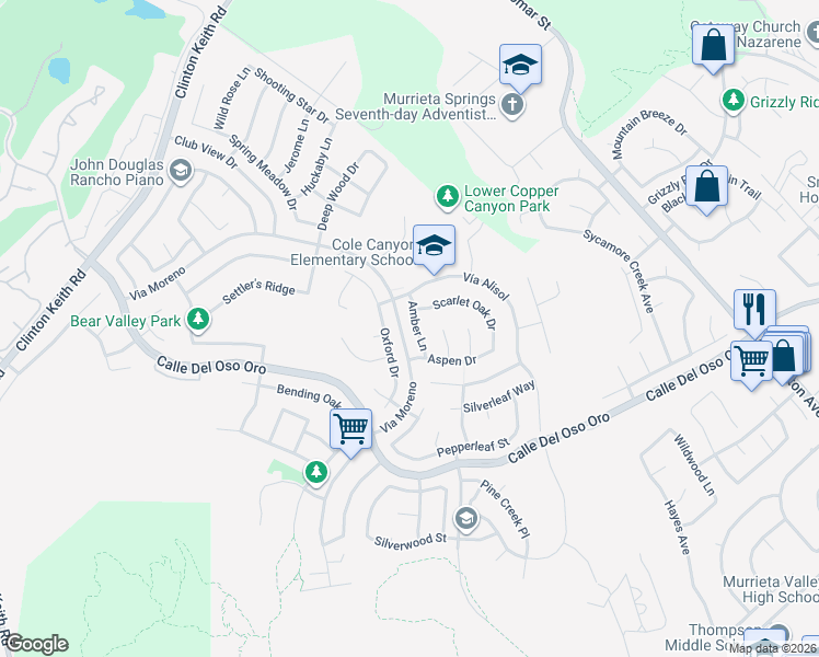 map of restaurants, bars, coffee shops, grocery stores, and more near 37760 Amber Lane in Murrieta
