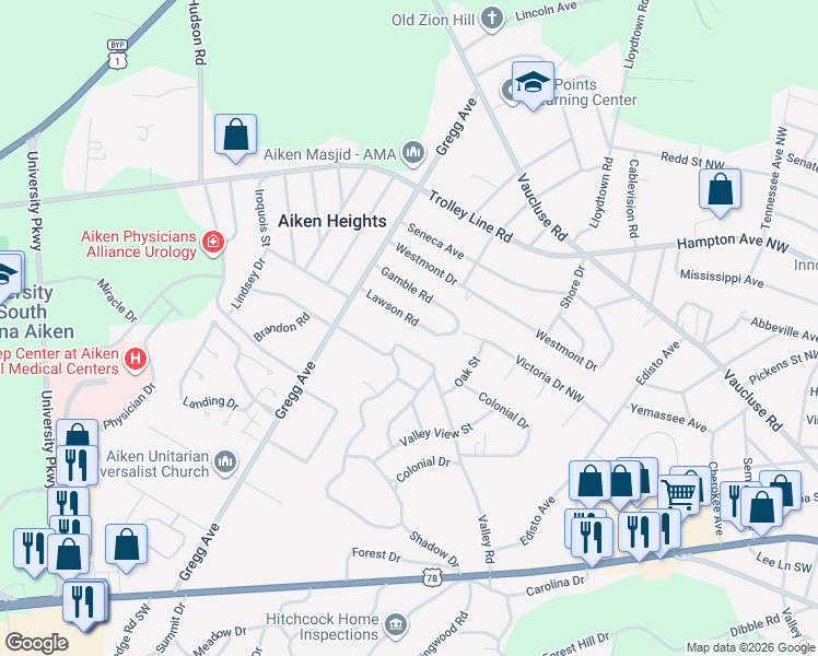 map of restaurants, bars, coffee shops, grocery stores, and more near 3513 Lawson Road in Aiken