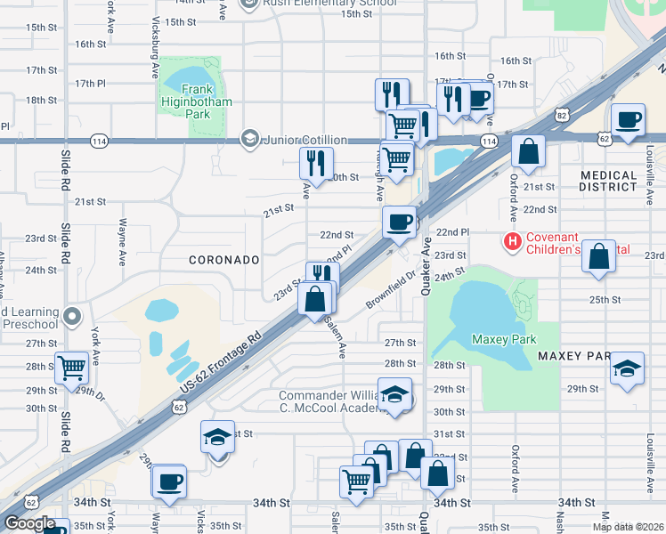 map of restaurants, bars, coffee shops, grocery stores, and more near 4501-4519 23rd Street in Lubbock