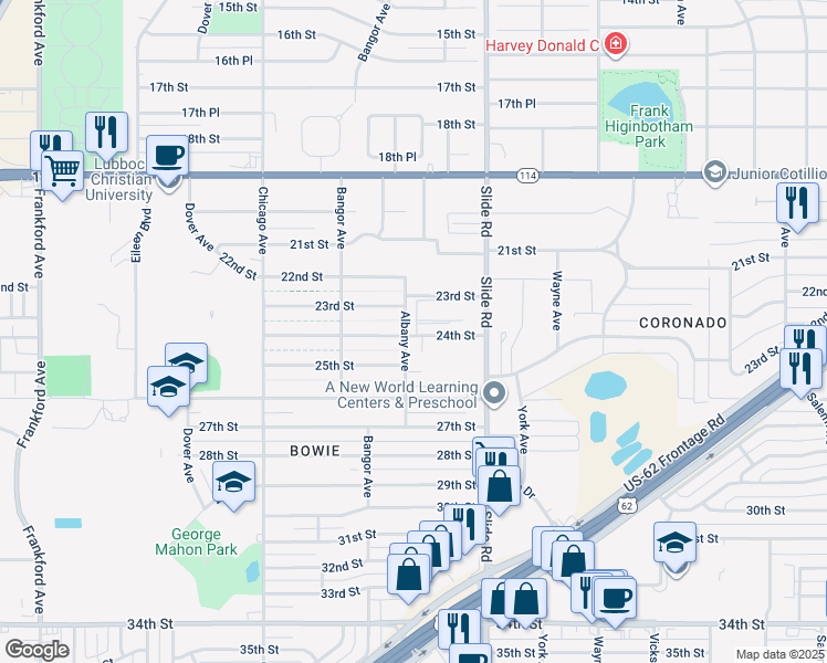 map of restaurants, bars, coffee shops, grocery stores, and more near 2302 Slide Road in Lubbock
