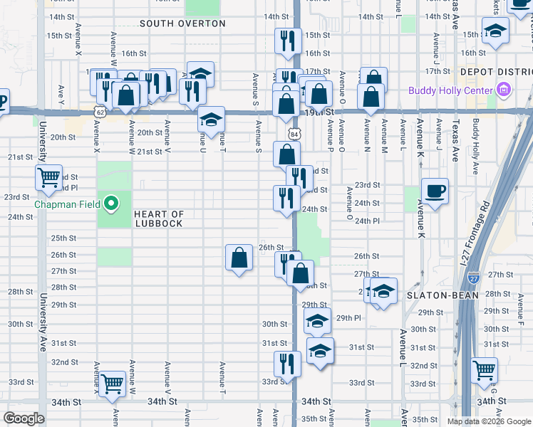 map of restaurants, bars, coffee shops, grocery stores, and more near 1721 24th Street in Lubbock