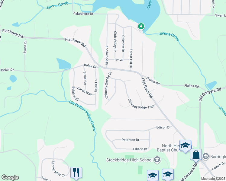 map of restaurants, bars, coffee shops, grocery stores, and more near 25 Burnt Hickory Court in Stockbridge