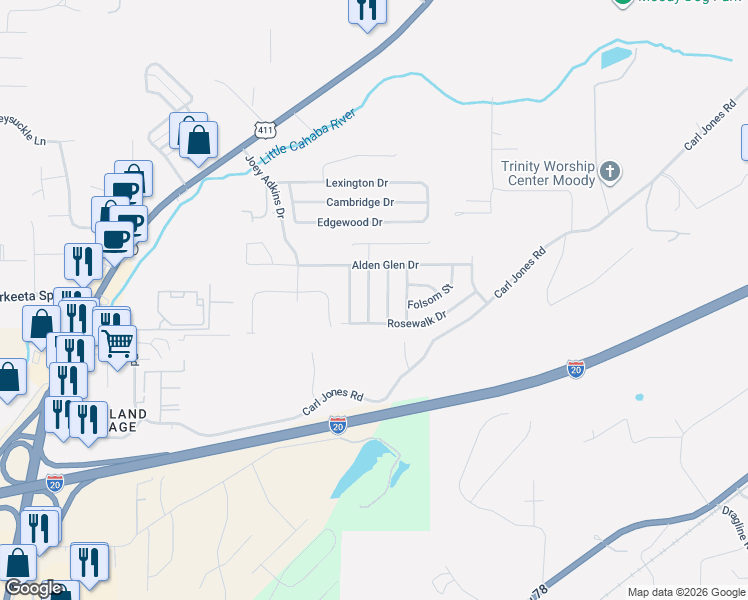 map of restaurants, bars, coffee shops, grocery stores, and more near 2149 Parsons Drive in Moody