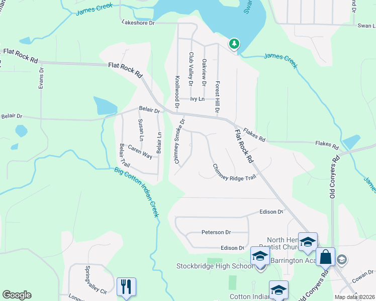map of restaurants, bars, coffee shops, grocery stores, and more near 15 Burnt Hickory Court in Stockbridge