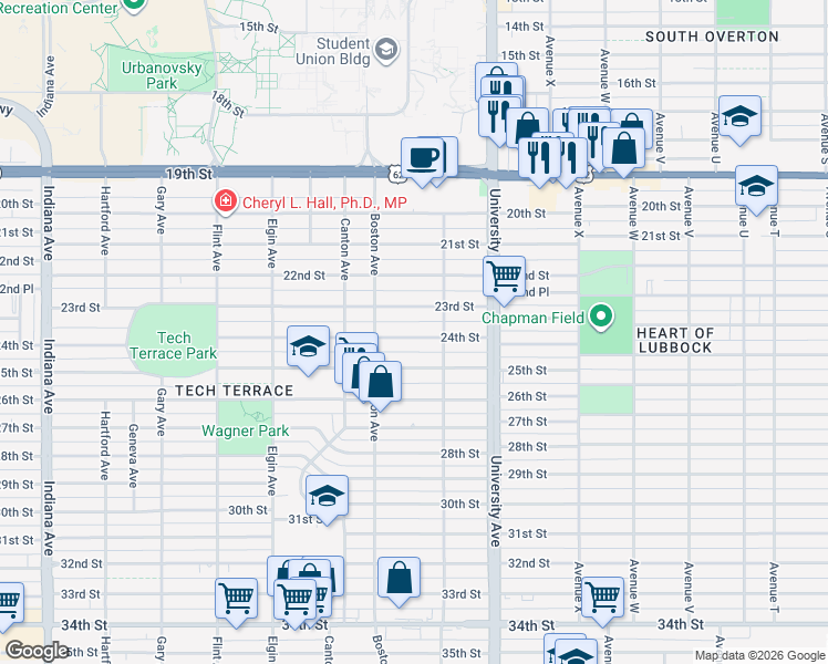 map of restaurants, bars, coffee shops, grocery stores, and more near 2618 24th Street in Lubbock