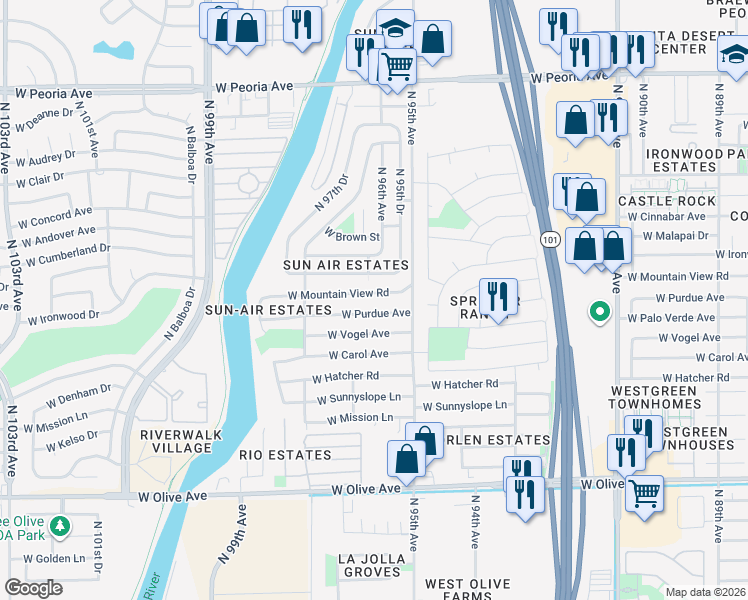 map of restaurants, bars, coffee shops, grocery stores, and more near 9565 West Mountain View Road in Peoria