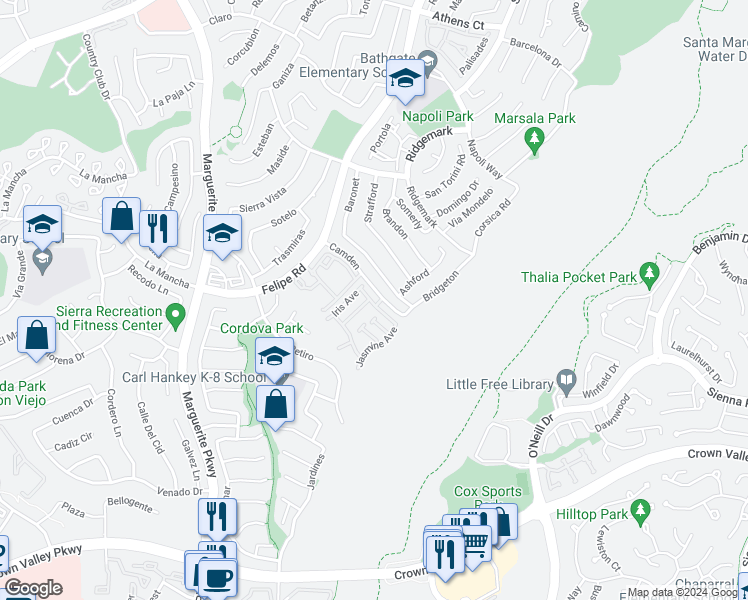 map of restaurants, bars, coffee shops, grocery stores, and more near 26848 Park Terrace Lane in Mission Viejo