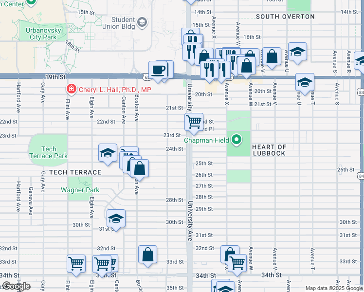 map of restaurants, bars, coffee shops, grocery stores, and more near 2506 24th Street in Lubbock
