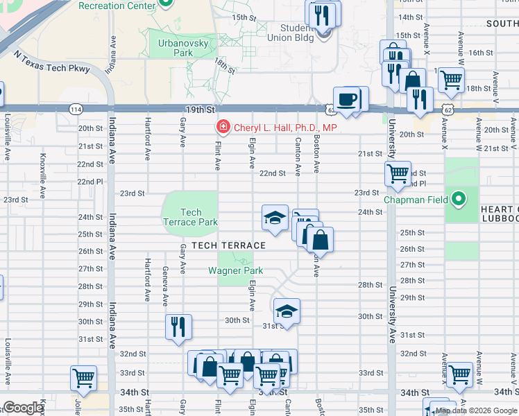 map of restaurants, bars, coffee shops, grocery stores, and more near 2826 24th Street in Lubbock