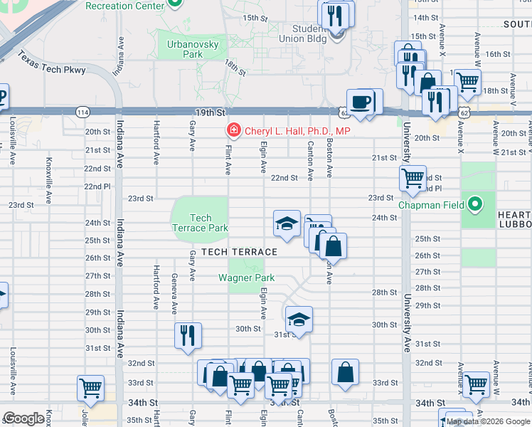 map of restaurants, bars, coffee shops, grocery stores, and more near 2826 24th Street in Lubbock