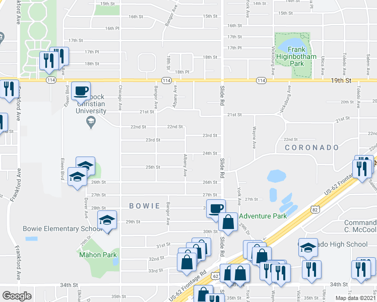 map of restaurants, bars, coffee shops, grocery stores, and more near 2302 Slide Road in Lubbock