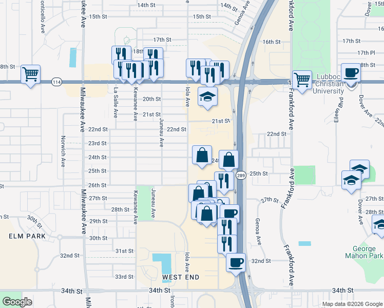 map of restaurants, bars, coffee shops, grocery stores, and more near 6040 24th Street in Lubbock