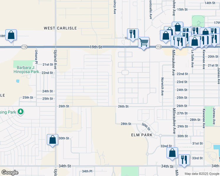 map of restaurants, bars, coffee shops, grocery stores, and more near 6953 23rd Street in Lubbock