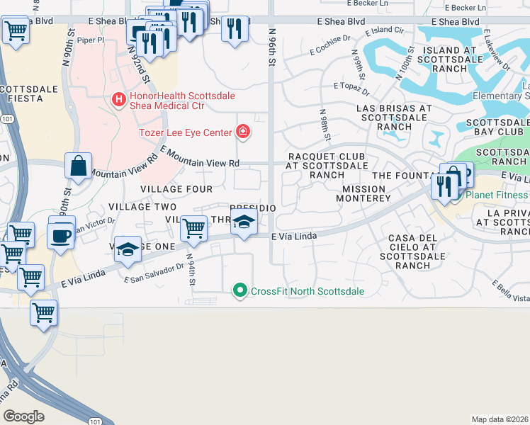 map of restaurants, bars, coffee shops, grocery stores, and more near 9600 North 96th Street in Scottsdale