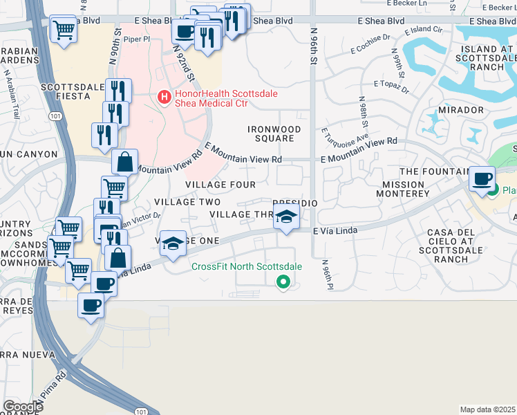 map of restaurants, bars, coffee shops, grocery stores, and more near 9430 East Mission Lane in Scottsdale