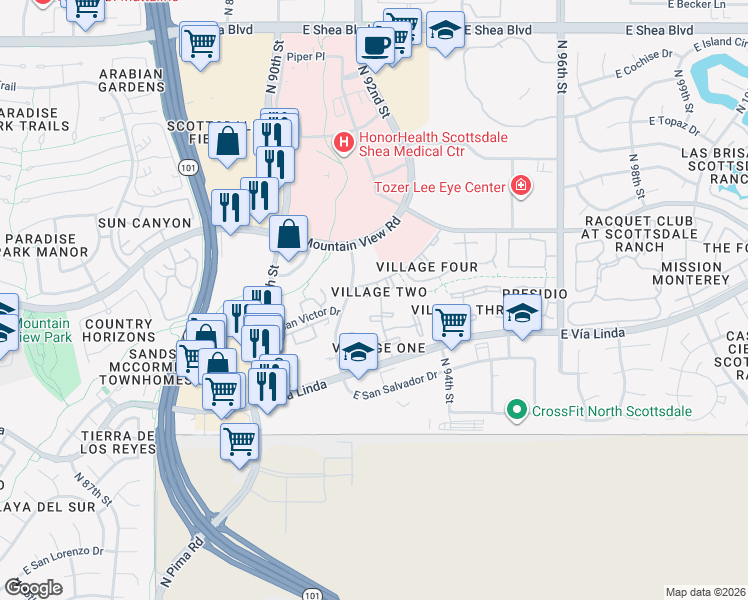 map of restaurants, bars, coffee shops, grocery stores, and more near 9115 East Purdue Avenue in Scottsdale
