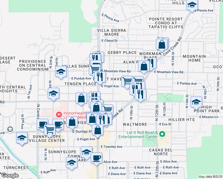 map of restaurants, bars, coffee shops, grocery stores, and more near 737 East Vogel Avenue in Phoenix