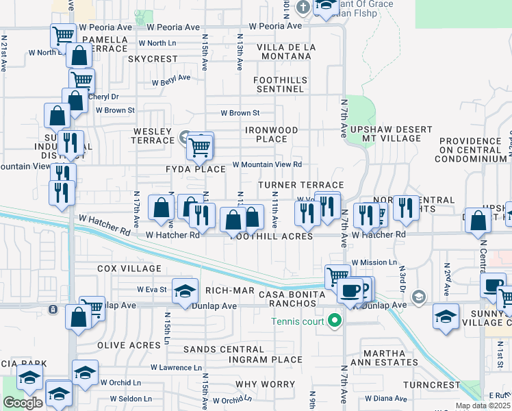 map of restaurants, bars, coffee shops, grocery stores, and more near 1109 West Vogel Avenue in Phoenix