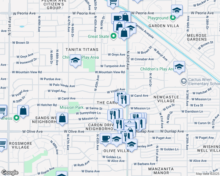 map of restaurants, bars, coffee shops, grocery stores, and more near 9610 North 43rd Lane in Glendale