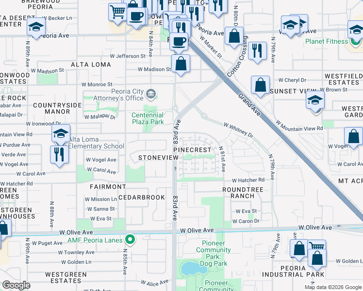 map of restaurants, bars, coffee shops, grocery stores, and more near 9664 North 82nd Glen in Peoria