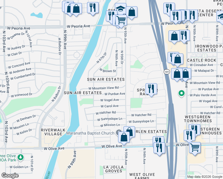 map of restaurants, bars, coffee shops, grocery stores, and more near 9609 West Mountain View Road in Peoria