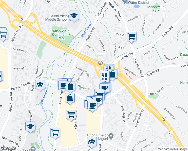 map of restaurants, bars, coffee shops, grocery stores, and more near 51 Bentwood Lane in Aliso Viejo