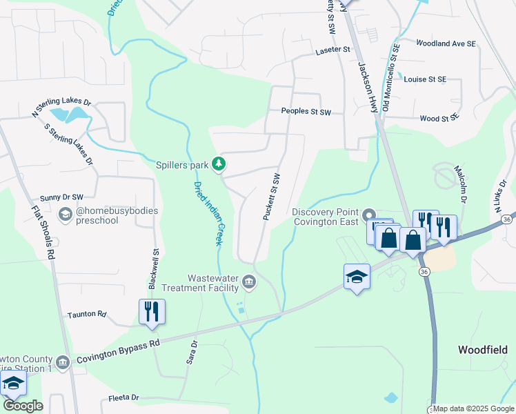 map of restaurants, bars, coffee shops, grocery stores, and more near 9186 Puckett Street Southwest in Covington