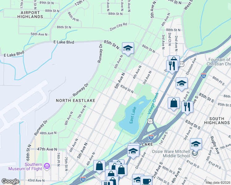 map of restaurants, bars, coffee shops, grocery stores, and more near 8215 5th Avenue North in Birmingham