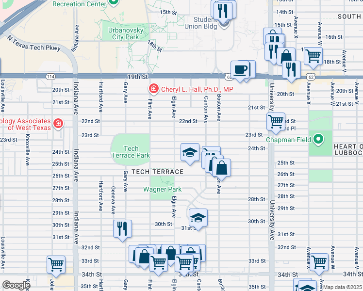 map of restaurants, bars, coffee shops, grocery stores, and more near 2826 24th Street in Lubbock