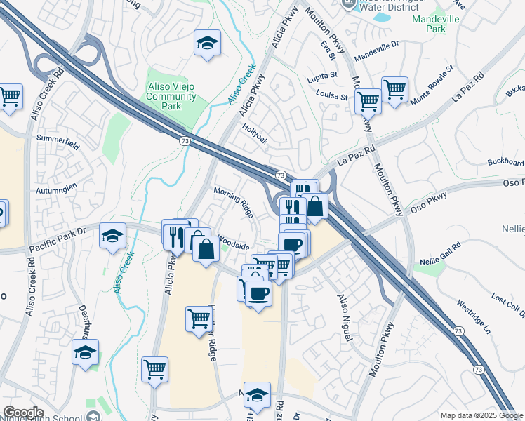 map of restaurants, bars, coffee shops, grocery stores, and more near 81 Bentwood Lane in Aliso Viejo