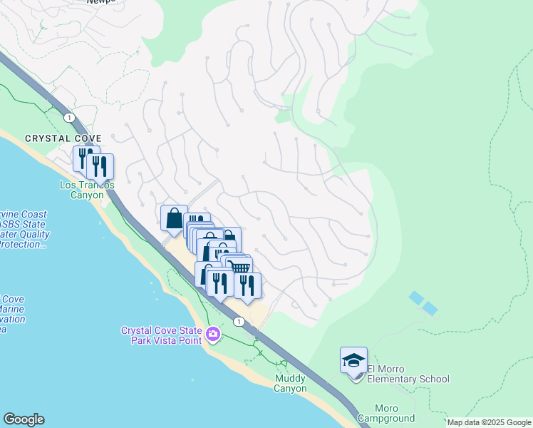 map of restaurants, bars, coffee shops, grocery stores, and more near 14 Cliffhouse Bluff in Newport Beach