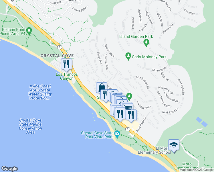 map of restaurants, bars, coffee shops, grocery stores, and more near 84 Sidney Bay Drive in Newport Beach