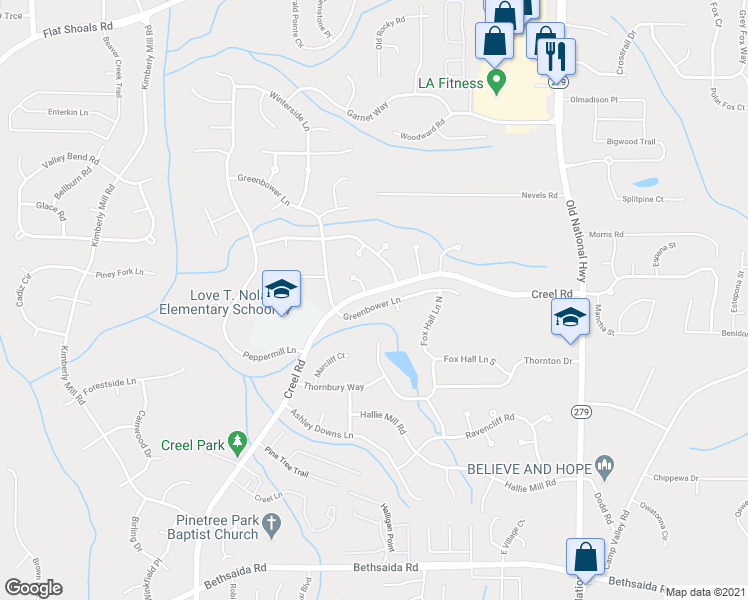 map of restaurants, bars, coffee shops, grocery stores, and more near 6750 Greenbower Lane in Atlanta