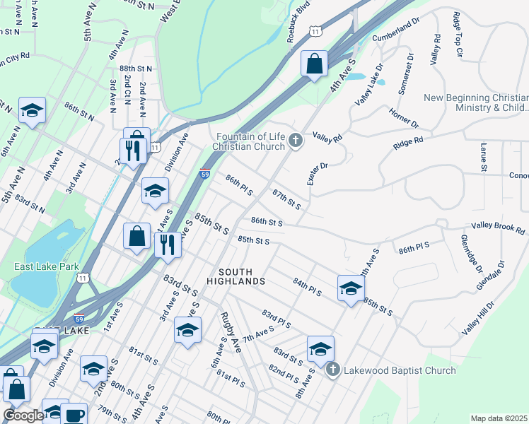 map of restaurants, bars, coffee shops, grocery stores, and more near 412 86th Place South in Birmingham