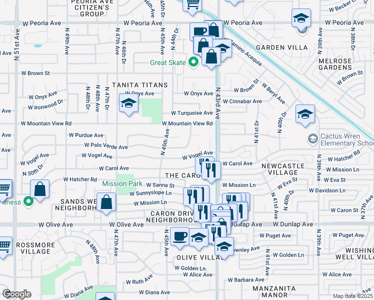 map of restaurants, bars, coffee shops, grocery stores, and more near 9610 North 43rd Lane in Glendale