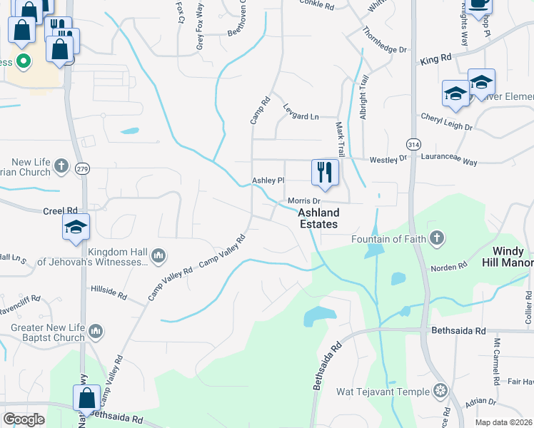 map of restaurants, bars, coffee shops, grocery stores, and more near 6674 Judy Lane in Riverdale