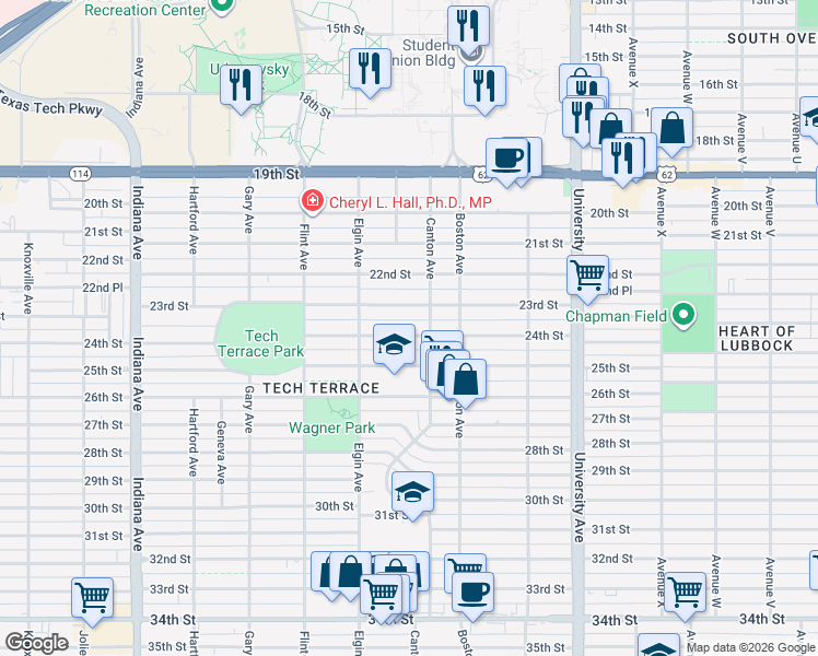 map of restaurants, bars, coffee shops, grocery stores, and more near 2806 24th Street in Lubbock