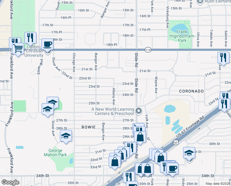 map of restaurants, bars, coffee shops, grocery stores, and more near 2302 Slide Road in Lubbock