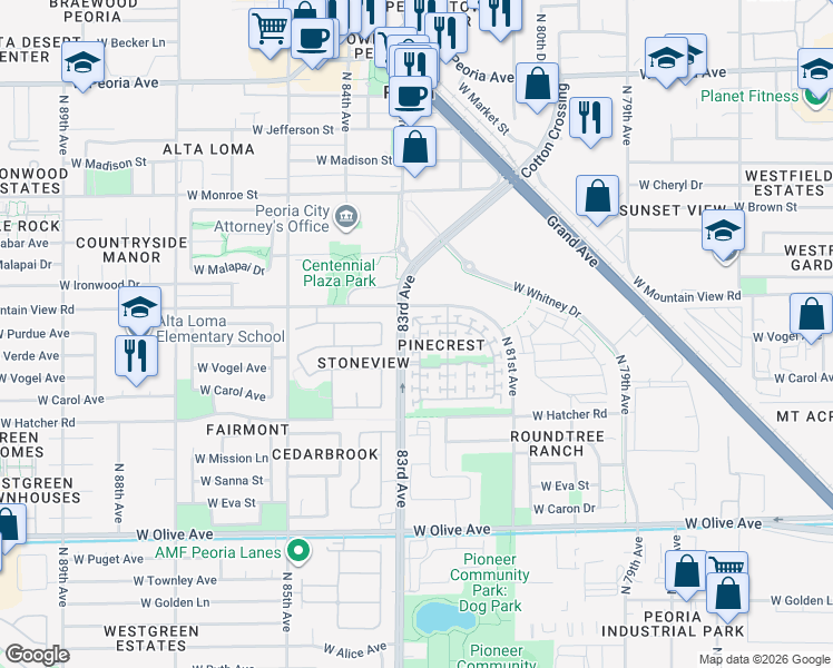 map of restaurants, bars, coffee shops, grocery stores, and more near 9664 North 82nd Glen in Peoria