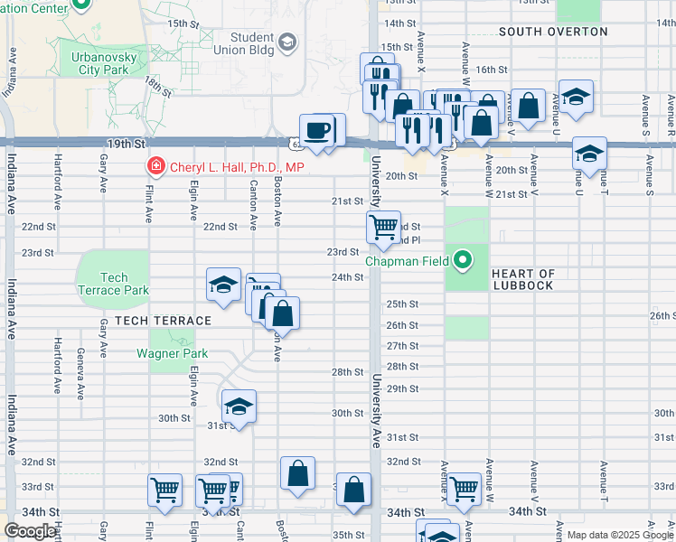 map of restaurants, bars, coffee shops, grocery stores, and more near 2522 24th Street in Lubbock