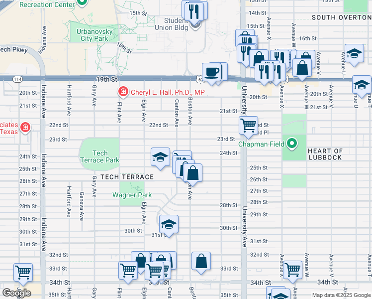 map of restaurants, bars, coffee shops, grocery stores, and more near 2704 24th Street in Lubbock
