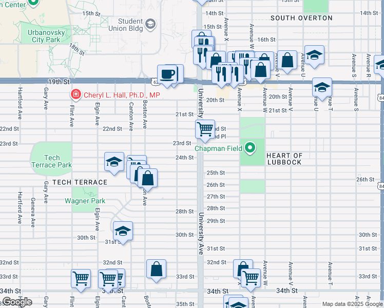 map of restaurants, bars, coffee shops, grocery stores, and more near 2506 24th Street in Lubbock