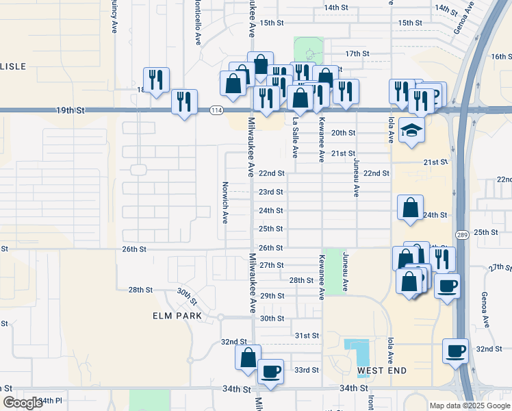 map of restaurants, bars, coffee shops, grocery stores, and more near 6424 24th Street in Lubbock