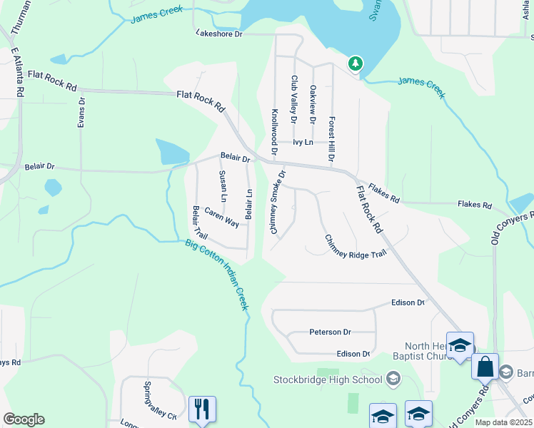 map of restaurants, bars, coffee shops, grocery stores, and more near 50 Chimney Smoke Drive in Stockbridge