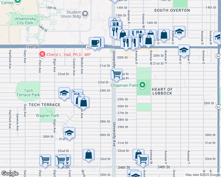 map of restaurants, bars, coffee shops, grocery stores, and more near 2506 24th Street in Lubbock