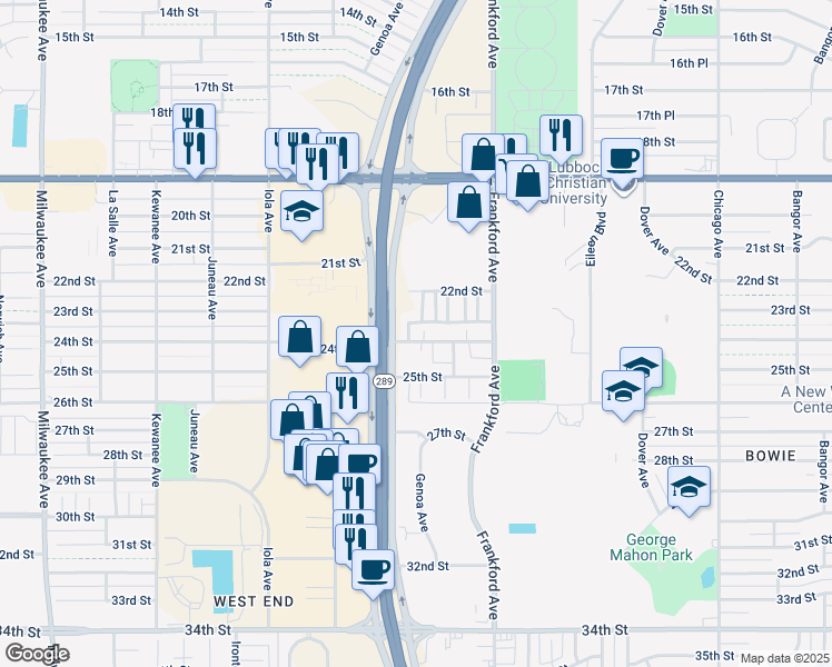 map of restaurants, bars, coffee shops, grocery stores, and more near 5818 24th Street in Lubbock