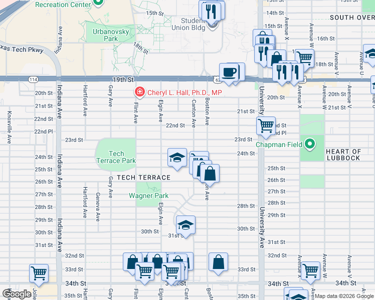 map of restaurants, bars, coffee shops, grocery stores, and more near 2806 24th Street in Lubbock