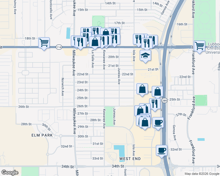 map of restaurants, bars, coffee shops, grocery stores, and more near 6216 24th Street in Lubbock