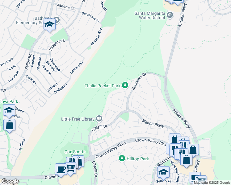 map of restaurants, bars, coffee shops, grocery stores, and more near 7 Thalia Street in Ladera Ranch