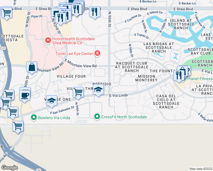 map of restaurants, bars, coffee shops, grocery stores, and more near 9600 North 96th Street in Scottsdale